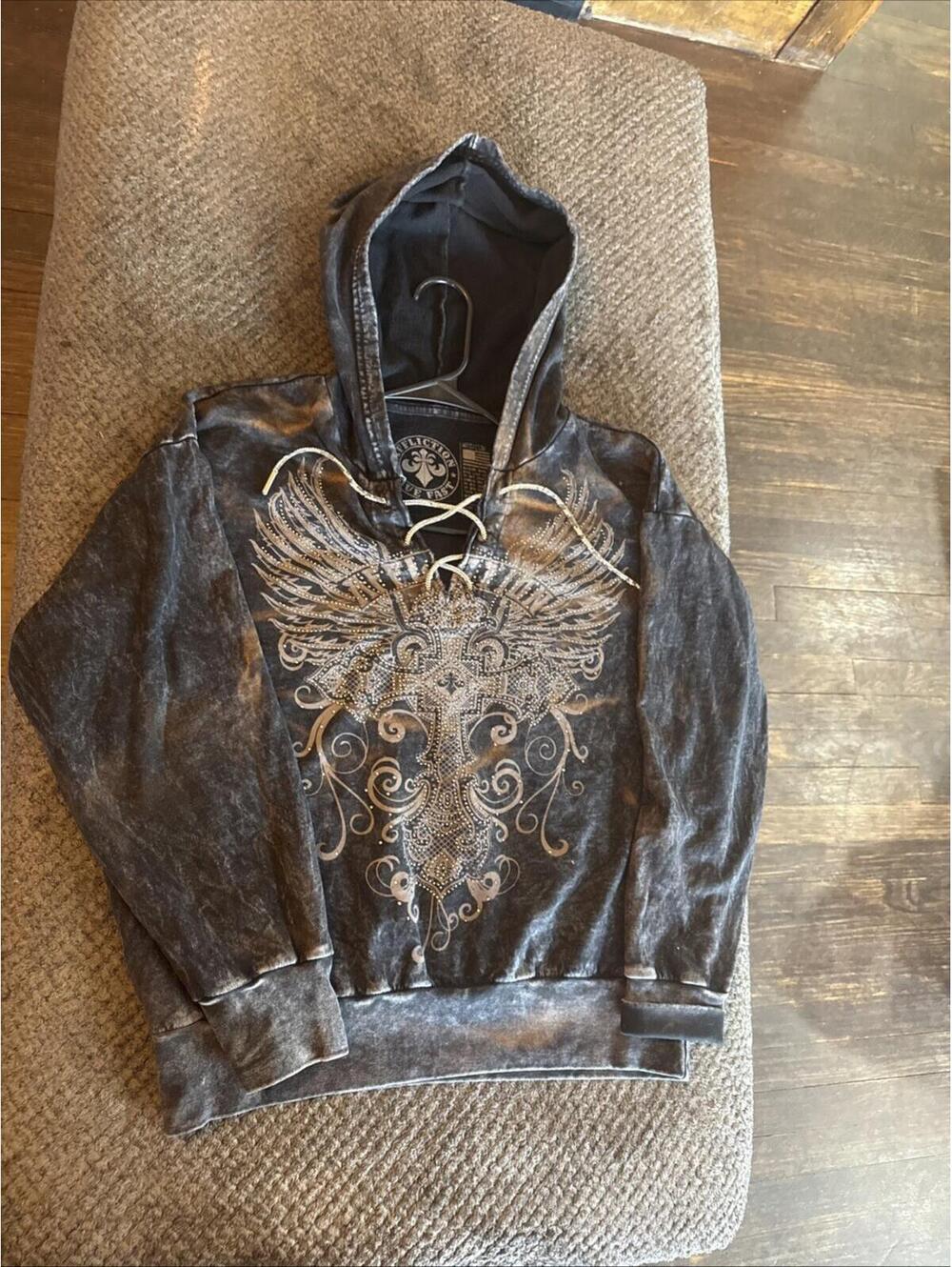 Vtg Y2K Affliction Women's Crop Hoodie Cross Wings Black Size Medium Faded - Picture 6 of 13